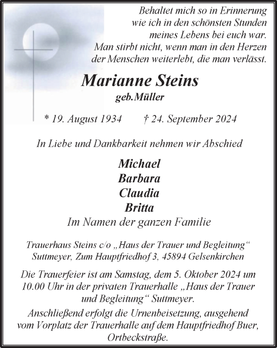 Traueranzeige von Marianne Steins von Tageszeitung