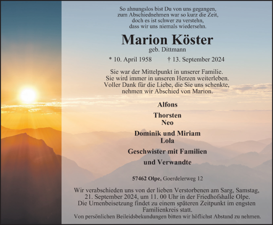 Traueranzeige von Marion Köster von Tageszeitung