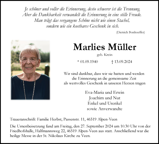 Traueranzeige von Marlies Müller von Tageszeitung