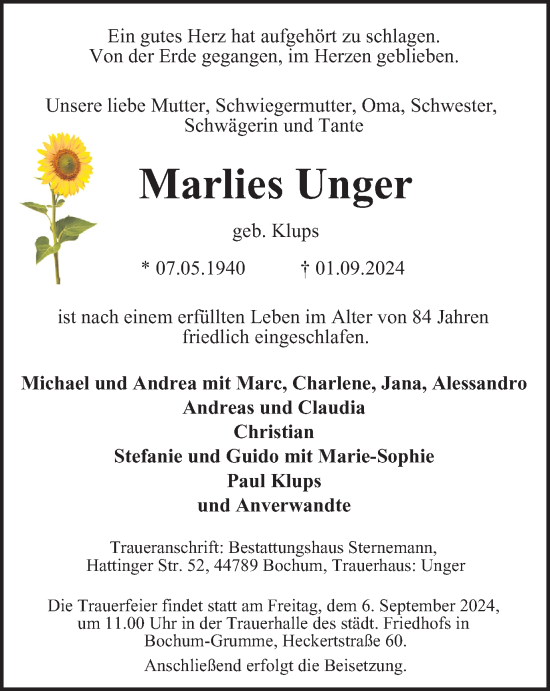 Traueranzeige von Marlies Unger von Tageszeitung