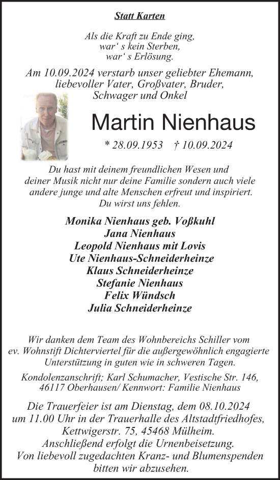 Traueranzeige von Martin Nienhaus von Tageszeitung