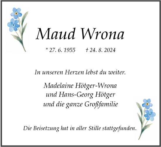 Traueranzeige von Maud Wrona von Tageszeitung