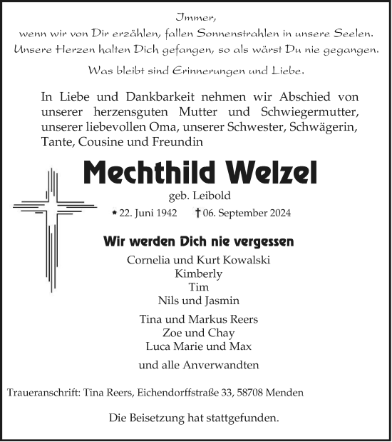 Traueranzeige von Mechthild Welzel von Tageszeitung
