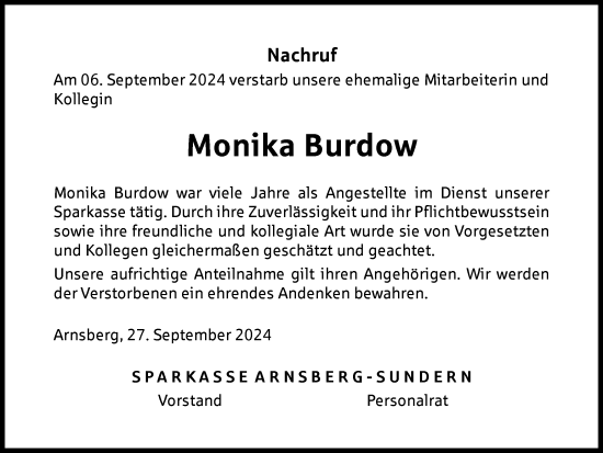 Traueranzeige von Monika Burdow von Tageszeitung