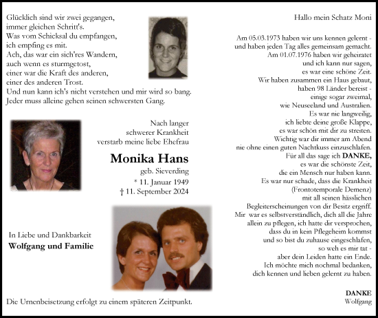 Traueranzeige von Monika Hans von Tageszeitung