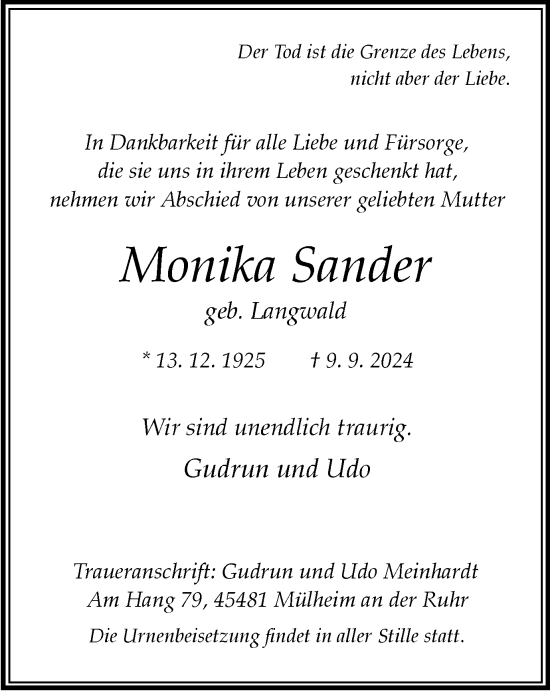 Traueranzeige von Monika Sander von Tageszeitung