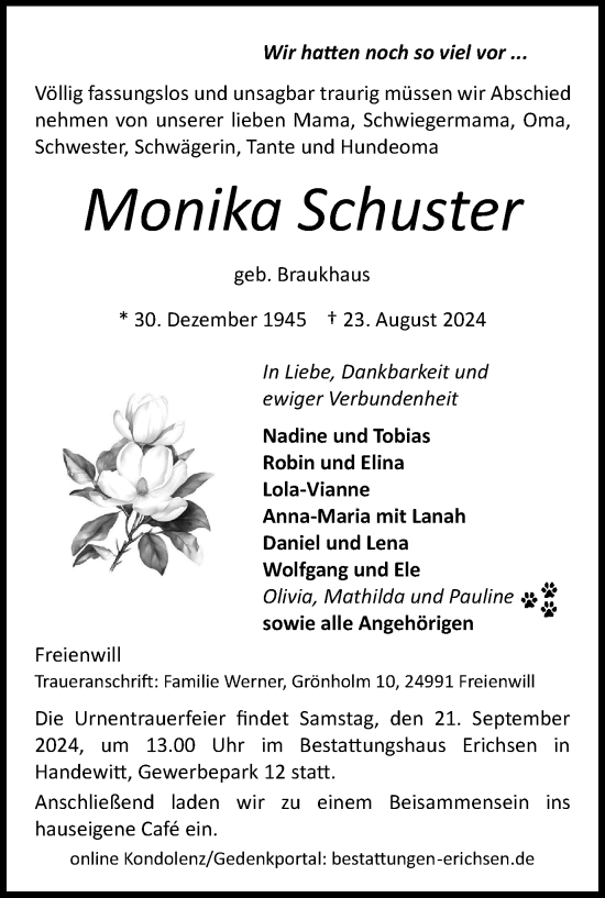 Traueranzeige von Monika Schuster von Tageszeitung