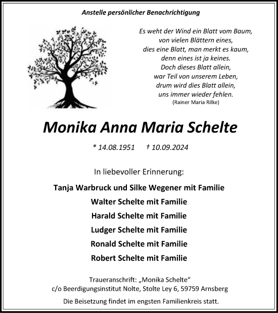 Traueranzeige von Monika Anna Maria Schelte von Tageszeitung