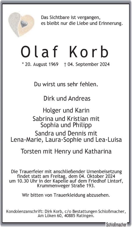 Traueranzeige von Olaf Korb von Tageszeitung