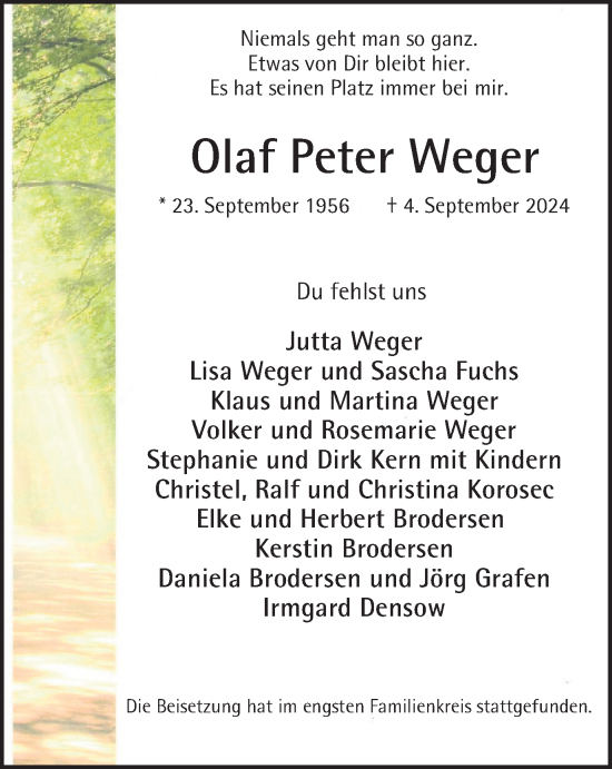 Traueranzeige von Olaf Peter Weger von Tageszeitung