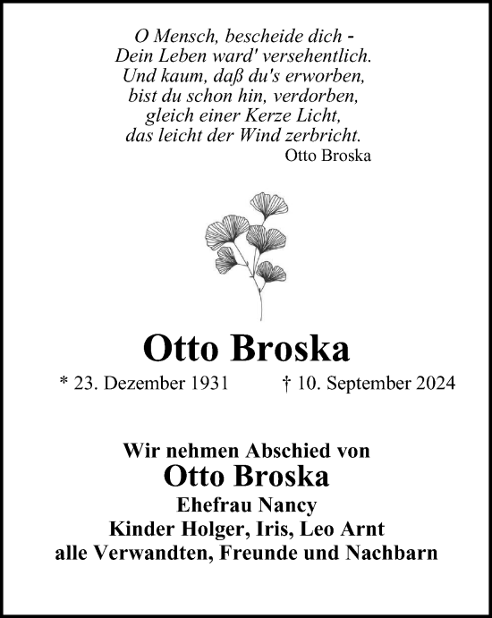Traueranzeige von Otto Broska von Tageszeitung