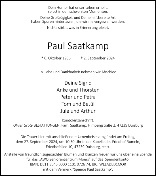 Traueranzeige von Paul Saatkamp von Tageszeitung