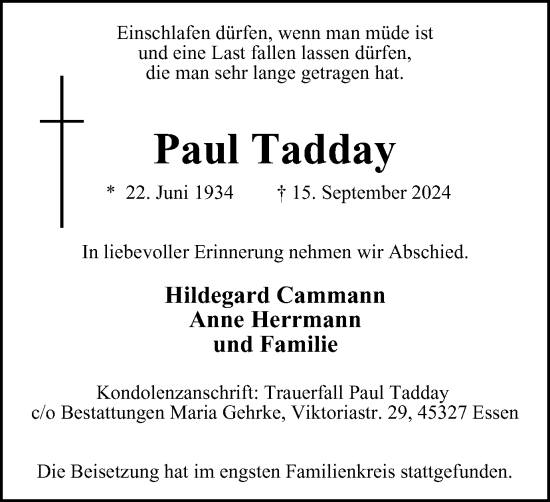Traueranzeige von Paul Tadday von Tageszeitung