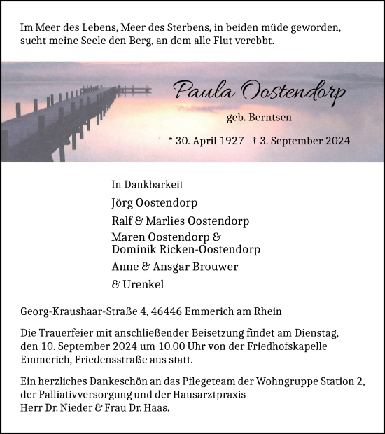 Traueranzeige von Paula Oostendorp von Tageszeitung