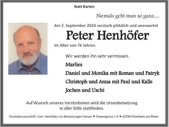 Traueranzeige von Peter Henhöfer von Tageszeitung