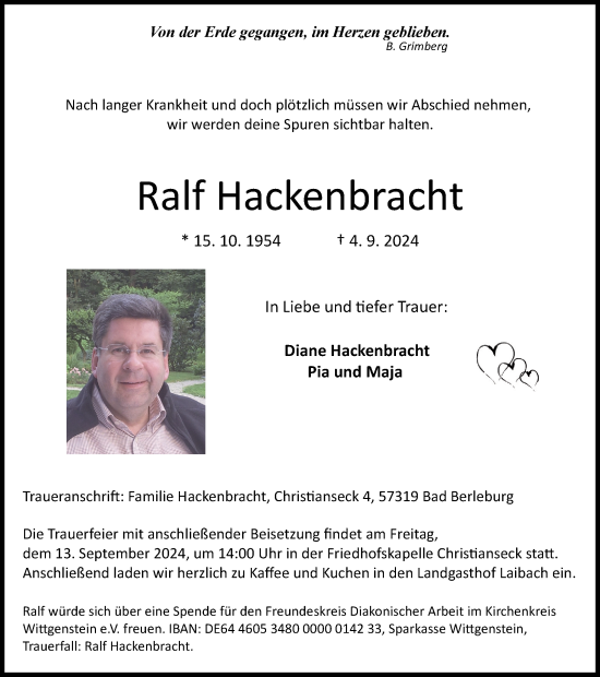 Traueranzeige von Ralf Hackenbracht von Tageszeitung