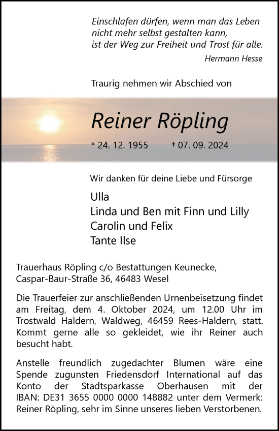 Traueranzeige von Reiner Röpling von Tageszeitung