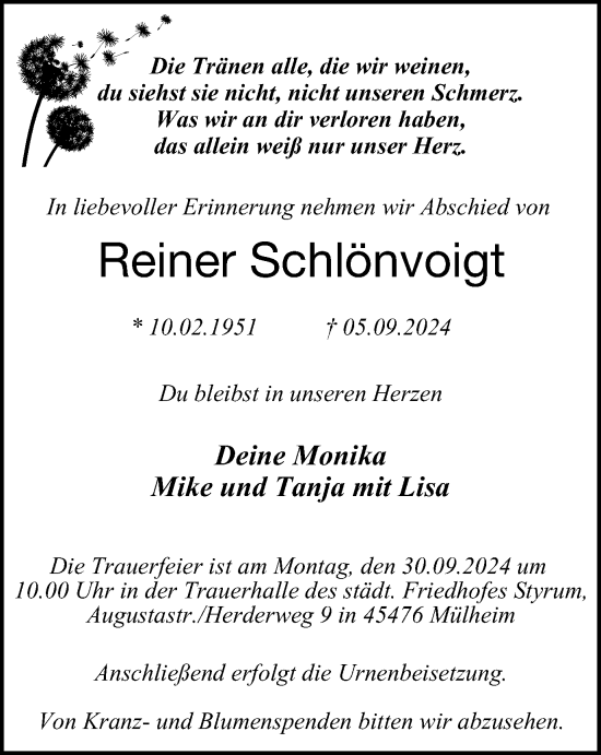 Traueranzeige von Reiner Schlönvoigt von Tageszeitung