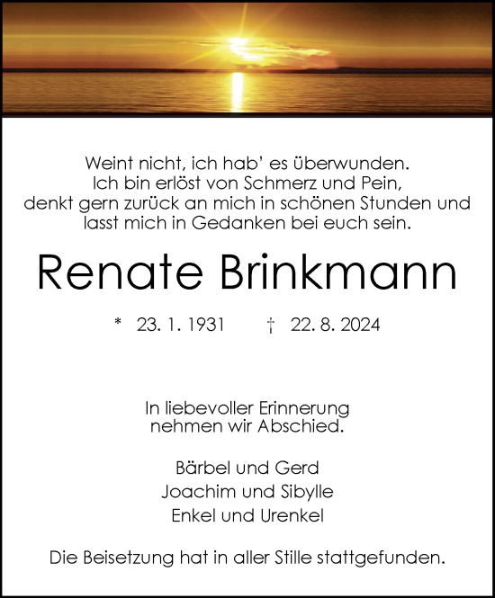 Traueranzeige von Renate Brinkmann von Tageszeitung