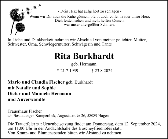 Traueranzeige von Rita Burkhardt von Tageszeitung