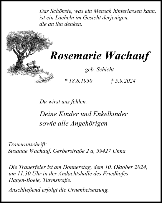 Traueranzeige von Rosemarie Wachauf von Tageszeitung