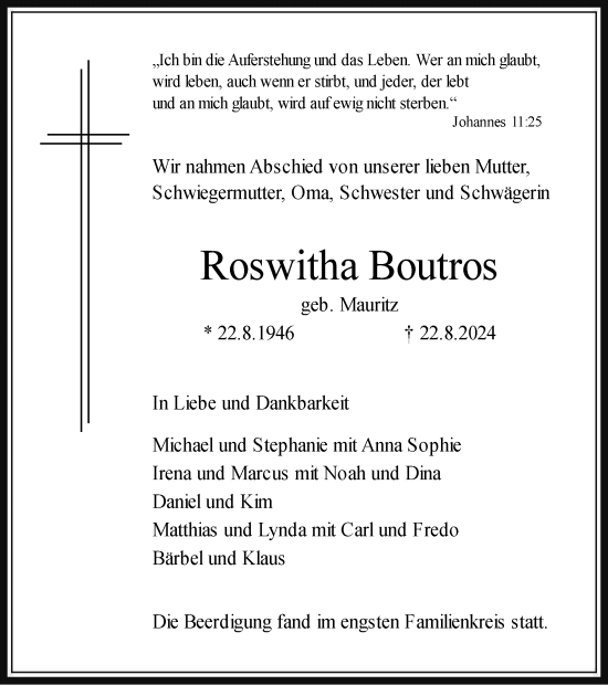 Traueranzeige von Roswitha Boutros von Tageszeitung