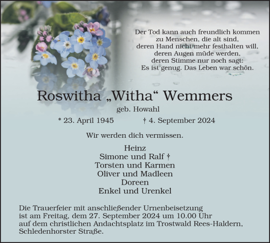 Traueranzeige von Roswitha Wemmers von Tageszeitung