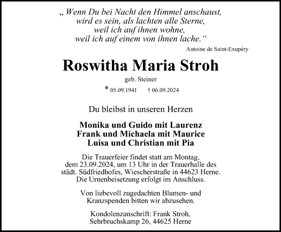 Traueranzeige von Roswitha Maria Stroh von Tageszeitung