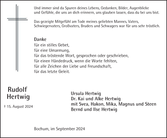 Traueranzeige von Rudolf Hertwig von Tageszeitung