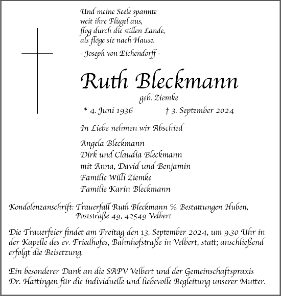 Traueranzeige von Ruth Bleckmann von Tageszeitung