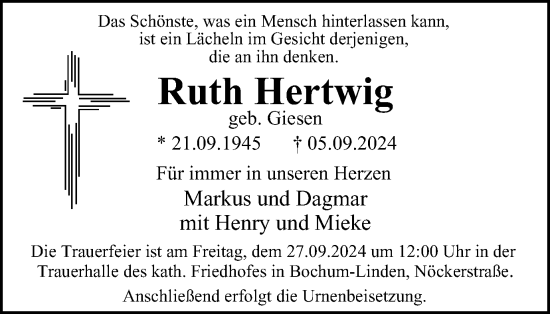 Traueranzeige von Ruth Hertwig von Tageszeitung