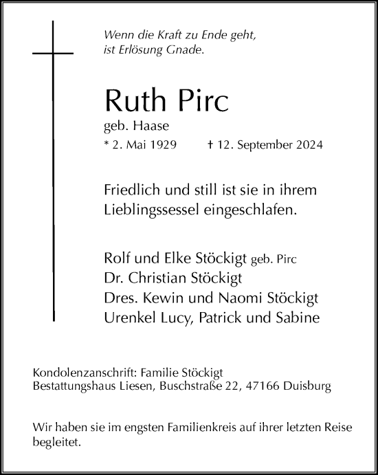 Traueranzeige von Ruth Pirc von Tageszeitung
