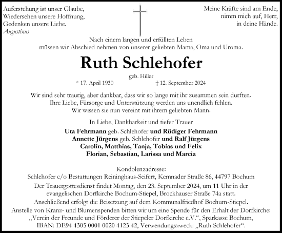 Traueranzeige von Ruth Schlehofer von Tageszeitung