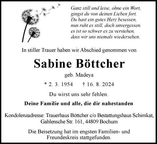 Traueranzeige von Sabine Böttcher von Tageszeitung