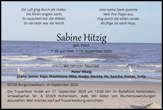 Traueranzeige von Sabine Hitzig von Tageszeitung