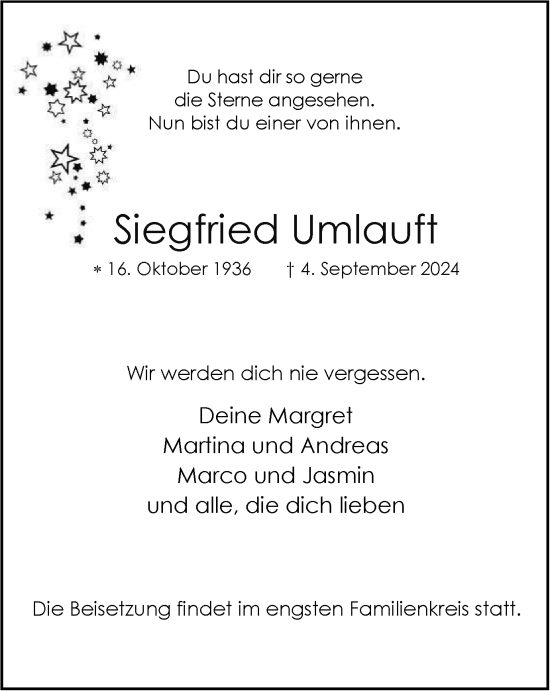 Traueranzeige von Siegfried Umlauft von Tageszeitung