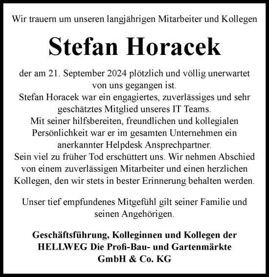 Traueranzeige von Stefan Horacek von Tageszeitung