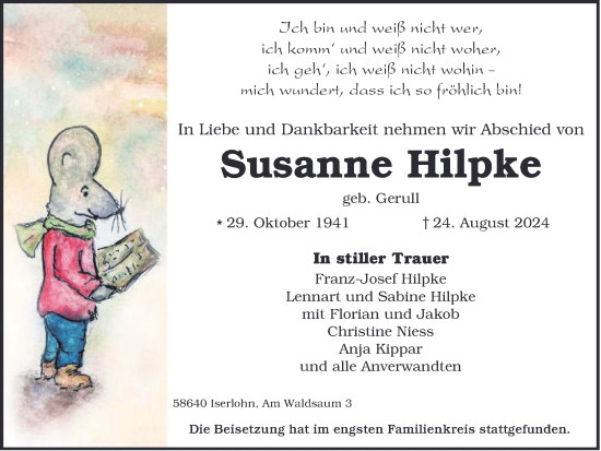 Traueranzeige von Susanne Hilpke von Tageszeitung
