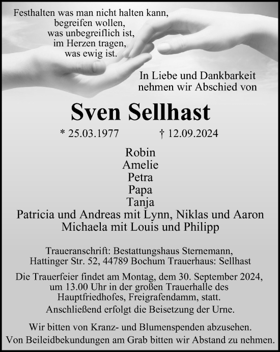 Traueranzeige von Sven Sellhast von Tageszeitung