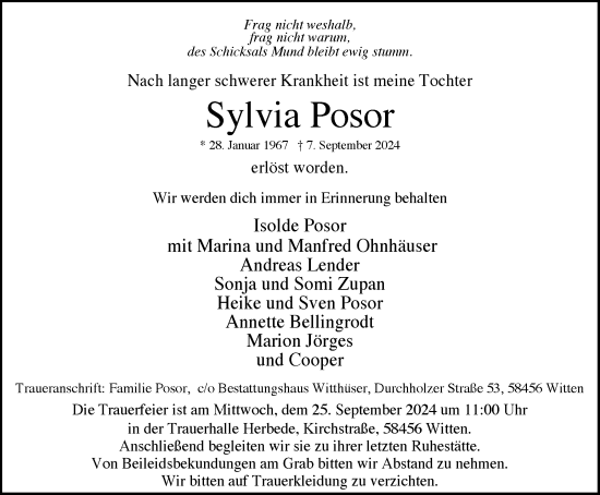 Traueranzeige von Sylvia Posor von Tageszeitung