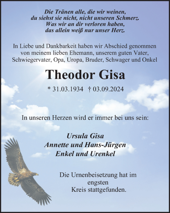 Traueranzeige von Theodor Gisa von Tageszeitung
