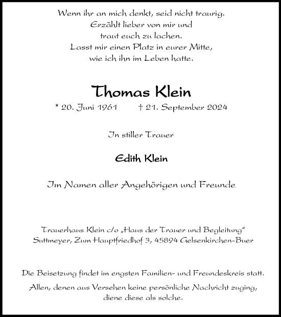 Traueranzeige von Thomas Klein von Tageszeitung