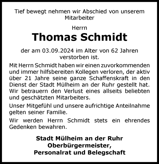 Traueranzeige von Thomas Schmidt von Tageszeitung
