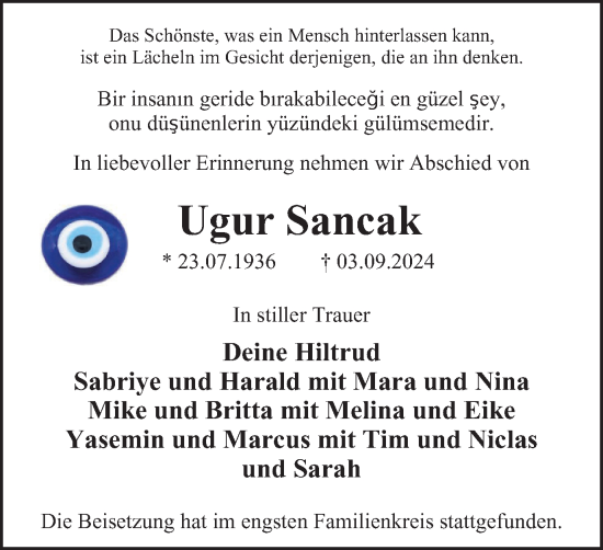Traueranzeige von Ugur Sancak von Tageszeitung