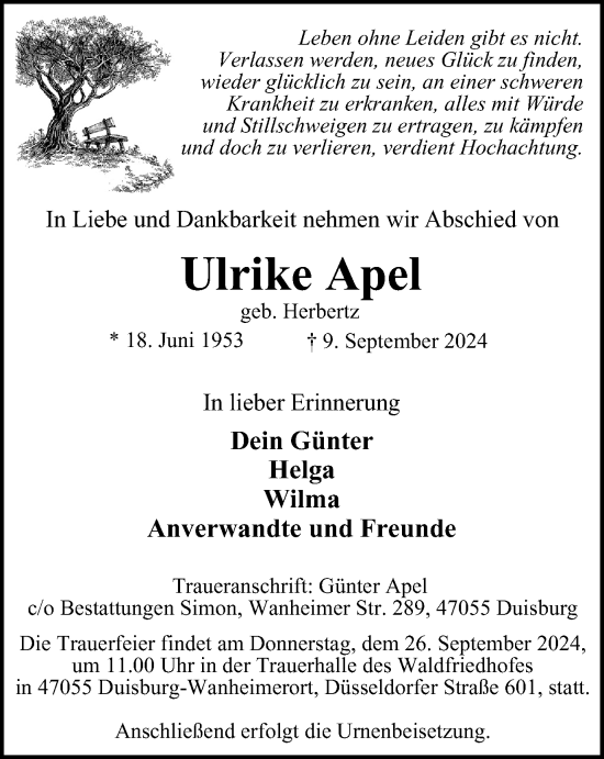 Traueranzeige von Ulrike Apel von Tageszeitung