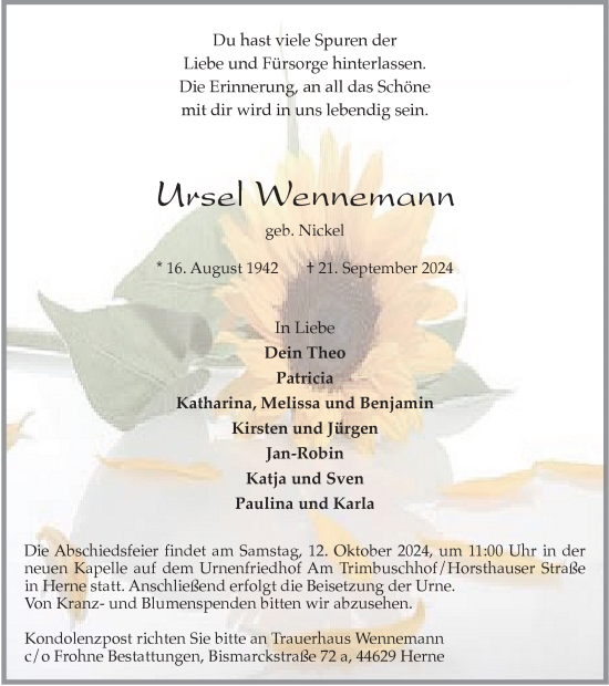Traueranzeige von Ursel Wennemann von Tageszeitung