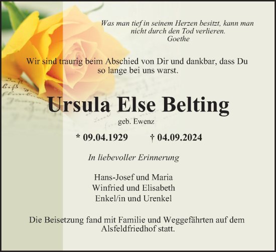 Traueranzeige von Ursula  Belting von Tageszeitung