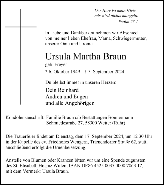 Traueranzeige von Ursula  Braun von Tageszeitung