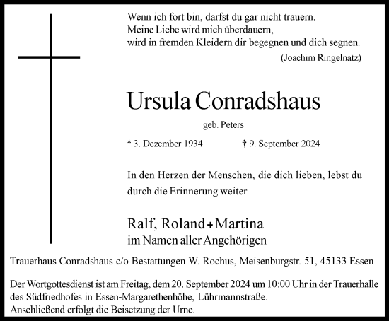 Traueranzeige von Ursula Conradshaus von Tageszeitung