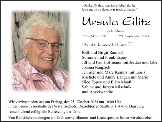 Traueranzeige von Ursula Eilitz von Tageszeitung